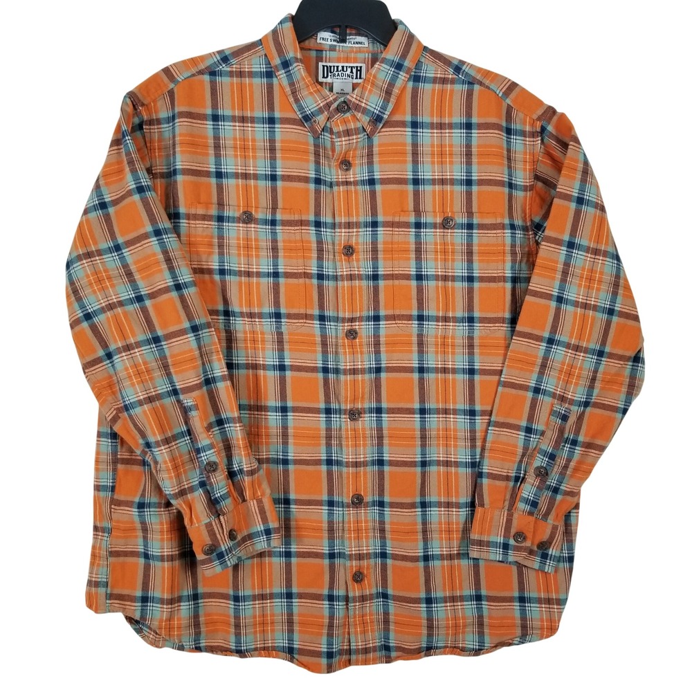 Duluth Trading Free Swingin Flannel Shirt Mens XL Orange Blue Plaid Relaxed Fit